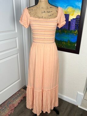 Peach Smocked Maxi Dress with Puff Sleeves
